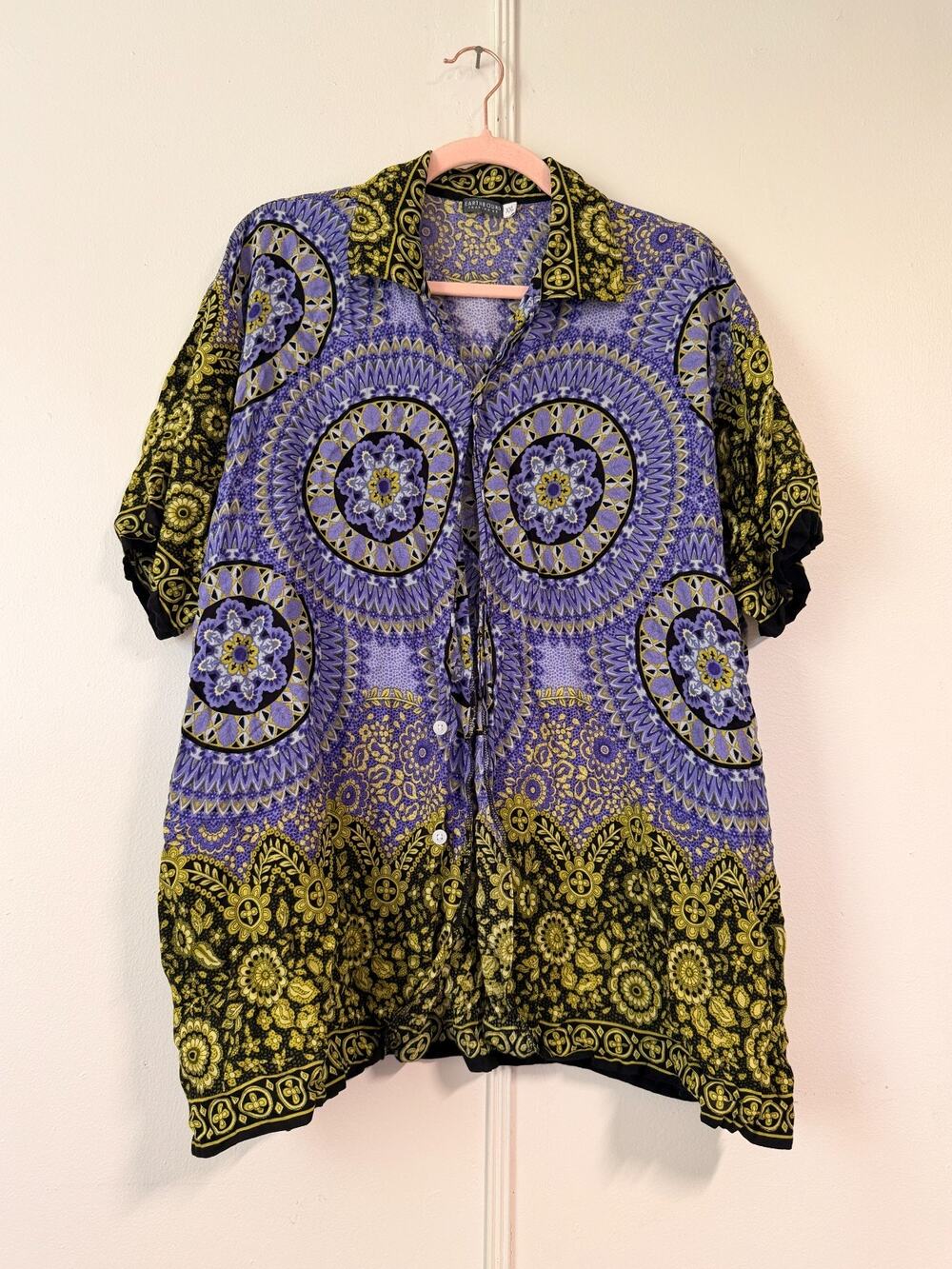 Earthbound Trading Co Mens XXL Shirt Purple Boho Mandala Short Sleeve Button Up